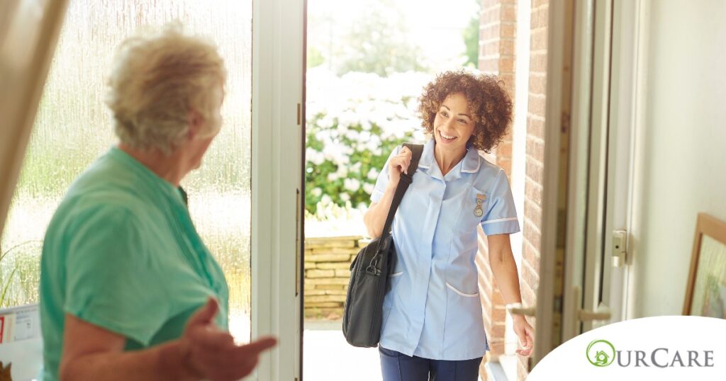 A caregiver comes in to see a client at home representing senior home care and the services offered.