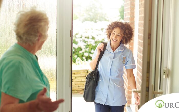 A caregiver comes in to see a client at home representing senior home care and the services offered.