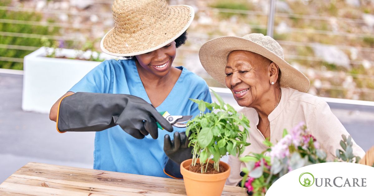 Caregiver and Senior gardening as part of companion care activities.