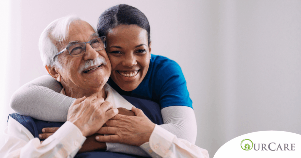 a graphic showing What a Week of Elder Care at Home Really Looks Like with a smiling caregiver and client