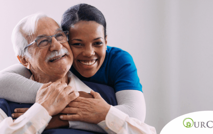 a graphic showing What a Week of Elder Care at Home Really Looks Like with a smiling caregiver and client