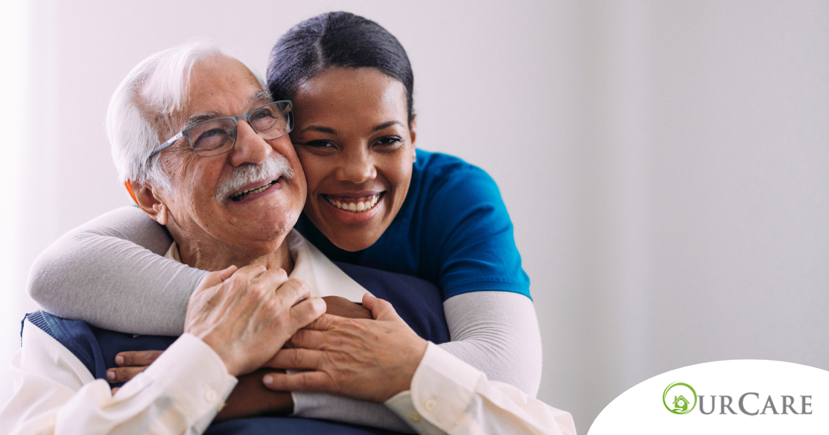 a graphic showing What a Week of Elder Care at Home Really Looks Like with a smiling caregiver and client