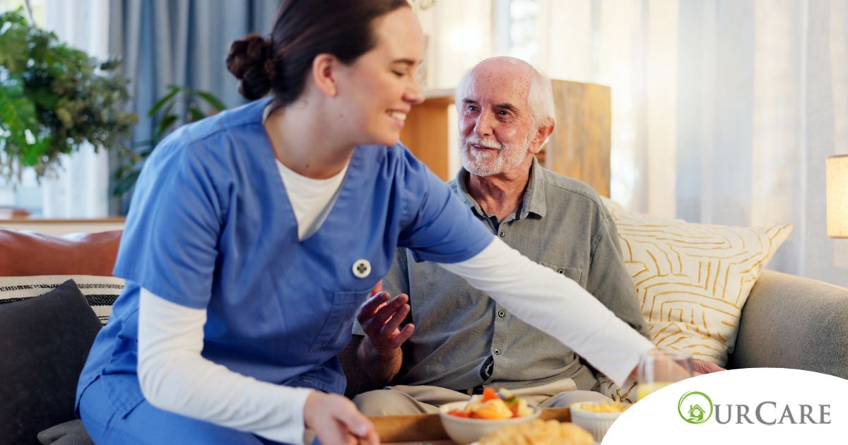 Caregiver providing senior care at home to manage parkinson’s and related symptoms.
