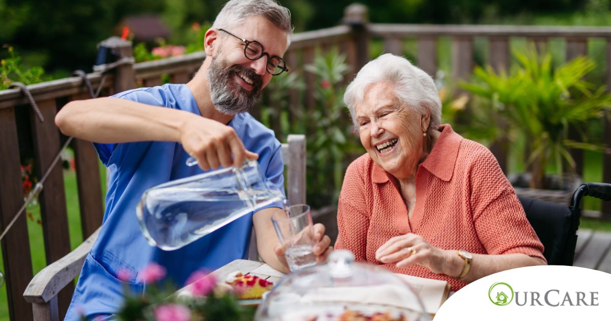 A caregiver applies summer Caregiving Tips including helping a senior stay hydrated.